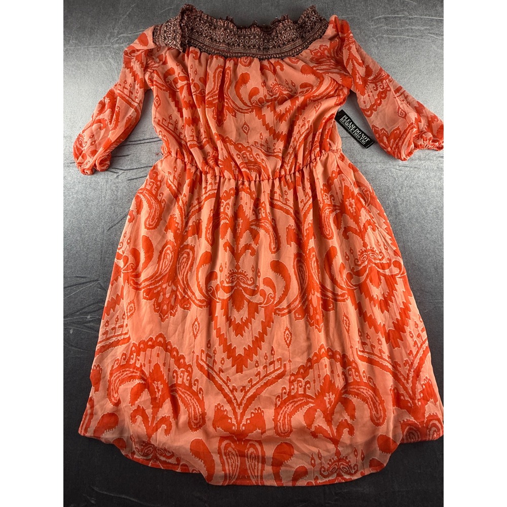 New York & Company Off Shoulder Ikat Paisley Dress Coral Orange Large NWT